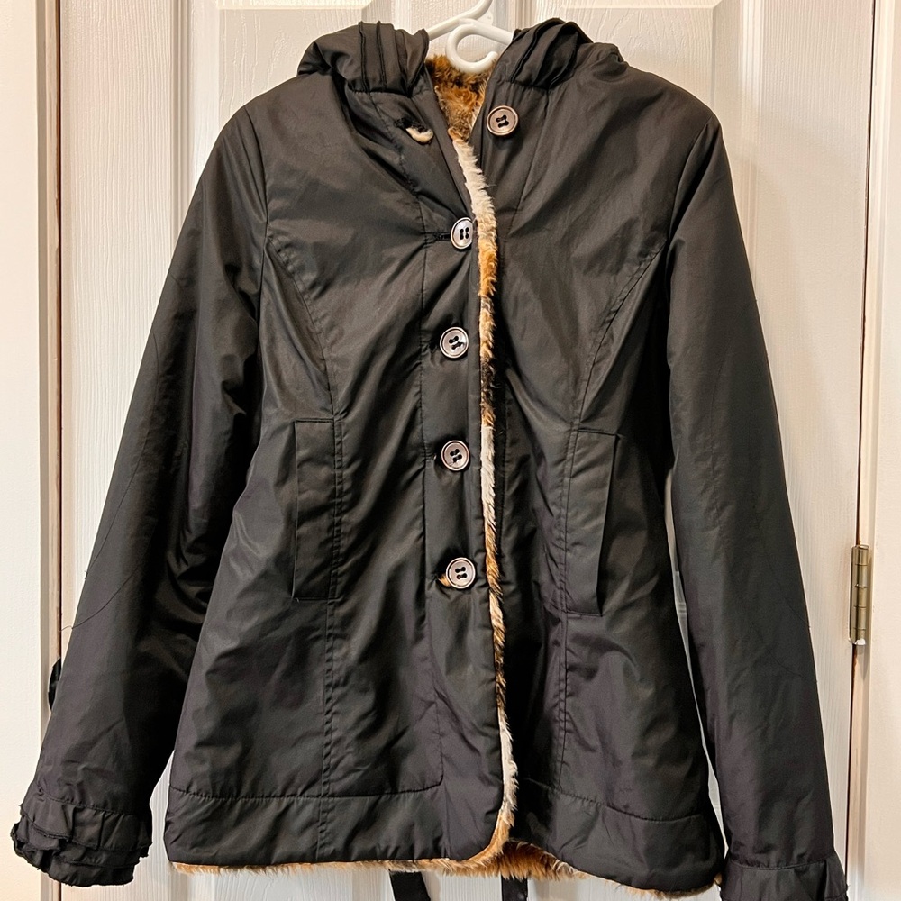 Women’s Reversible Faux Fur Lined Coat with Hood – Black – Size M (No Tag)